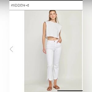 Designer HIDDEN white flare crop jeans with frayed edges size 27